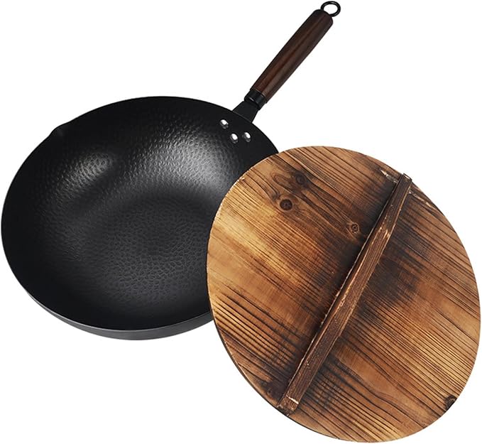 Frying pan 12.6" Carbon Steel Wok with Wooden Lid, Non-Coated Stir Fry Pan Multi-Functional Cooking Pan for Induction, Gas & Electric Stoves