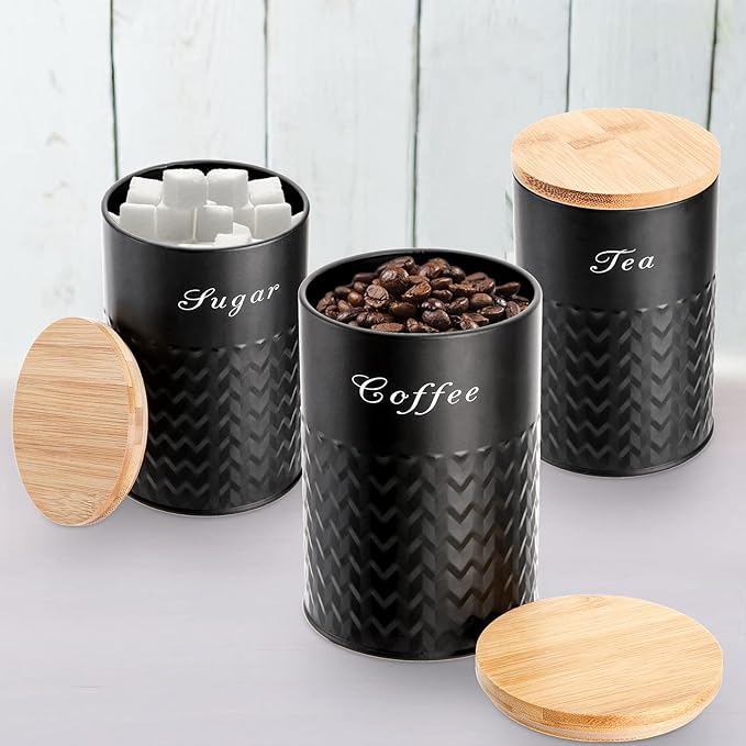 Bekith 3 Pack Kitchen Canisters with Bamboo Lids, Airtight Metal Canister Set, Food Storage Containers Jars for Coffee, Sugar, Tea, Flour, Rustic Kitchen Decor Containers, Black