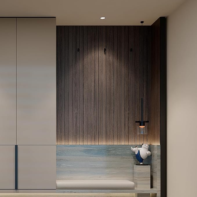 YU LI 3DH Peel and Stick PVC Slat Wall Panel 118"x15.75" Self-Adhesive Thick Faux Smoked Wood Grain Wallpaper Panel 3D Soundproof Wall Panels for Walls & Ceilings