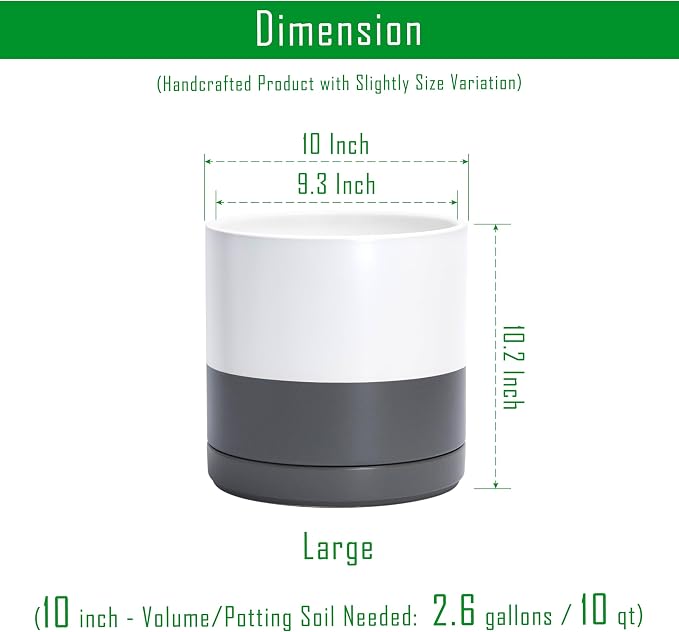D'vine Dev 10 Inch Ceramic Planter Pot, White/Grey, 94-O-E-6 | Modern Cylinder Design, Drainage Hole & Saucer Included, Stable Structure, Elegant Home Accent