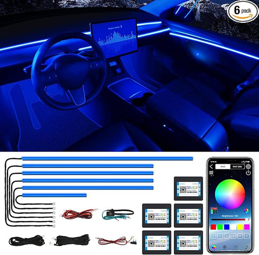 Acrylic Interior Car LED Strip Light with Wireless APP, RGB 6 in 1 with 175 inches 600 LEDs Fiber Optic Car Ambient Lighting Kits, 16 Million Colors Sound Active Function LED Strip for Car