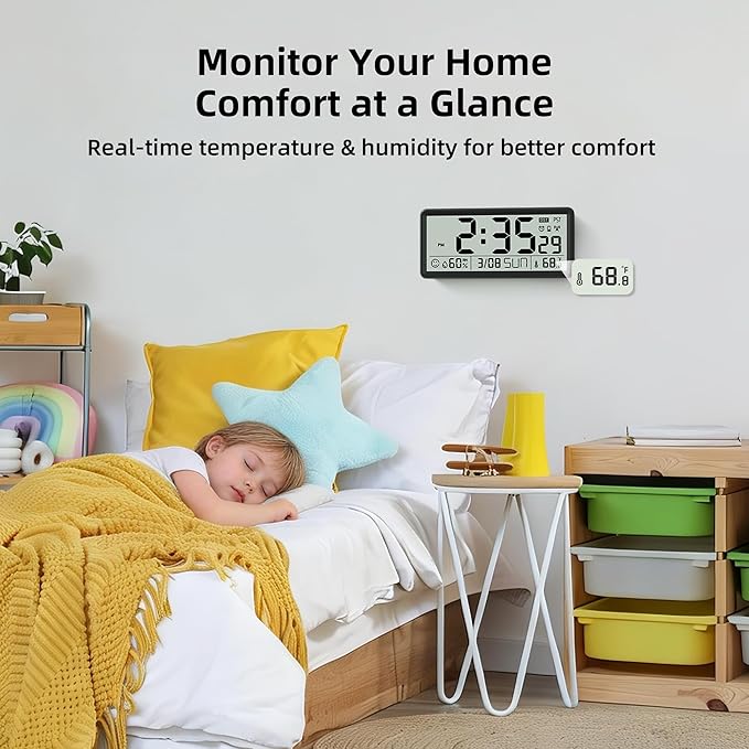 EASYERA 15'' Large Digital Atomic Wall Clock Battery Operated, Self-Setting | Indoor Temperature and Humidity, Large Display, Self-Setting,Auto DST,for Kitchen/Classroom/Living Room(Battery Not Included)