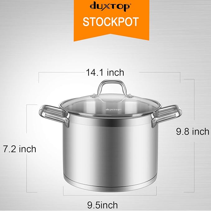Duxtop Professional Stainless Steel Stock Pot with Glass Lid, Induction Cooking Pot, Impact-bonded Base Technology, 8.6 Quarts | Stockpot with Stay-Cool Handle, Large Batch Meals, Generous Capacity for Family Cooking Needs