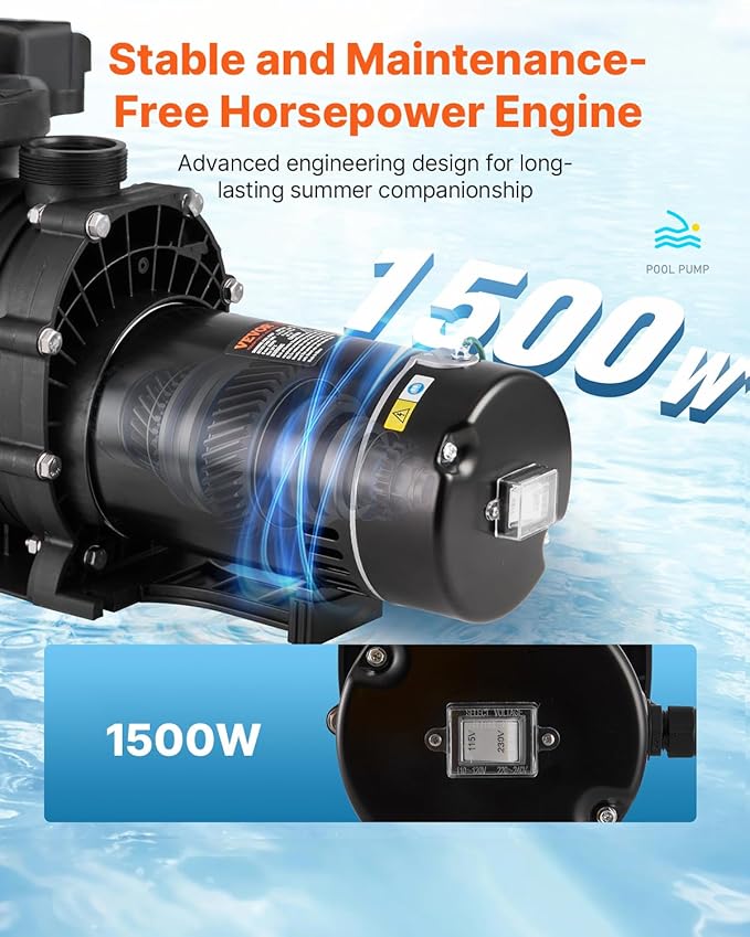 VEVOR Above Ground Pool Pump, 2 HP Single-Speed Operation Pump with 110 GPM Max Flow, 3450 RPM, 110V/240V, 59 ft Max Head, Equipped with a Filter Basket, for Above Ground Pools, Spas, and Hot Tubs