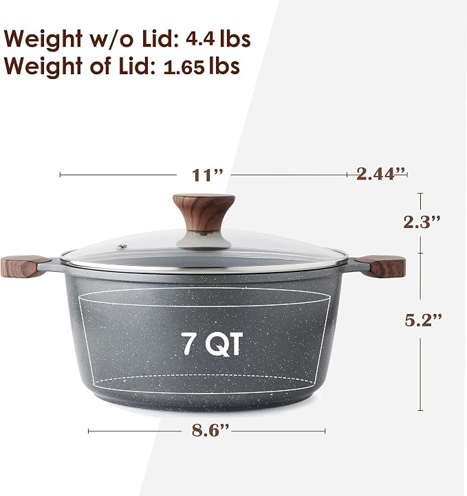 SENSARTE Nonstick Stock Pot with Lid, 7 Quart, Gray | Swiss Granite Nonstick Coating, PFOA PFOS APEO Free, Compatible with All Stoves Including Induction Cooktops, Easy to Clean
