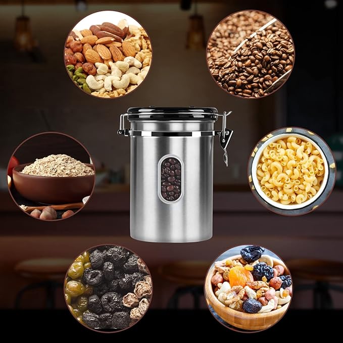 Airtight Coffee Canister with Date Tracker&Transparent Window, 35OZ Coffee Container with 30ML Measure Spoon&4 co2 Valve, Coffee Bean Storage Container for Grounds Coffee, Beans, Tea(Silver)