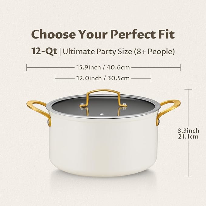 BEZIA 12QT Large Ceramic Nonstick Stock Pot with Lid, Induction Cooking Pot | PTFE/PFOA-Free Nonstick Soup Pot, Oven & Dishwasher Safe, for All Stovetops, for Heavy Batch Cooking, Holiday Feasts & Broth