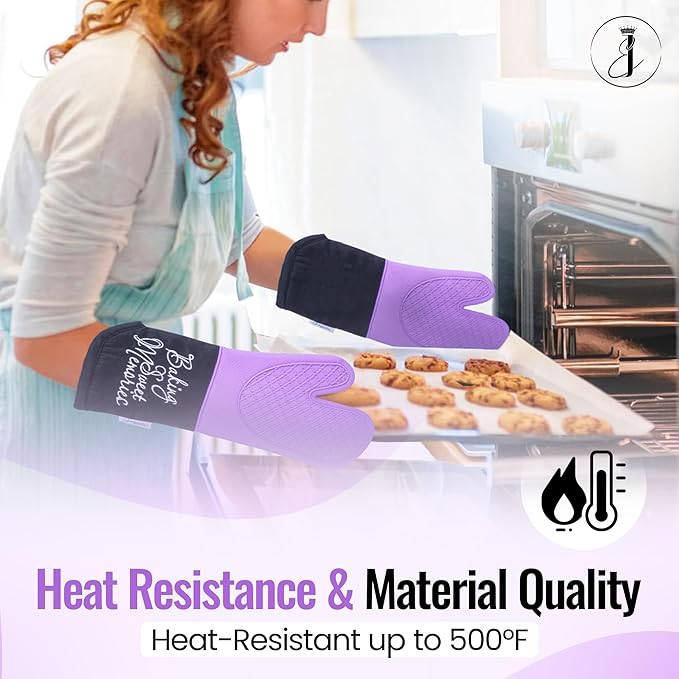 Mitts - Long Slip Resistant Pot Holders - Silicone Oven Mitts - Baking Gloves for Oven - Perfect for Baking, BBQ, Cooking, and Grilling, Oven Mitts Set of 2, 7''x13'' (Purple)