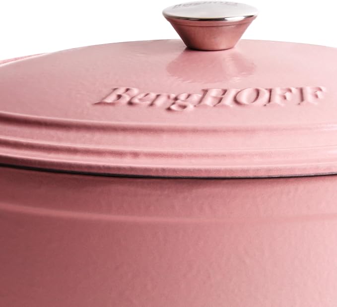 BergHOFF 3Pc Neo Enameled Cast Iron Cookware Set, 3qt. Dutch Oven, Matching Lid, Square Grill Pan 11 Inches, Oven Safe Up To 400°F, Pink
