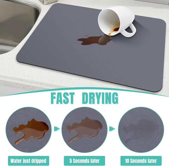 WISELIFE Coffee Mat Super Absorbent Dish Drying Mat - Large Drying Mats for Kitchen Counter 16" W x 24" L, Grey