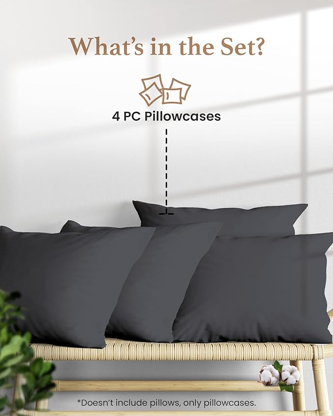 1000 TC Dark Gray King Pillowcases Set of 4 100% Egyptian Cotton Pillow Cases with Long Staple Cotton & Sateen Weave, Silky Soft Hotel - Like Bed Pillow Covers for Comfy Sleeping, Snug Fit