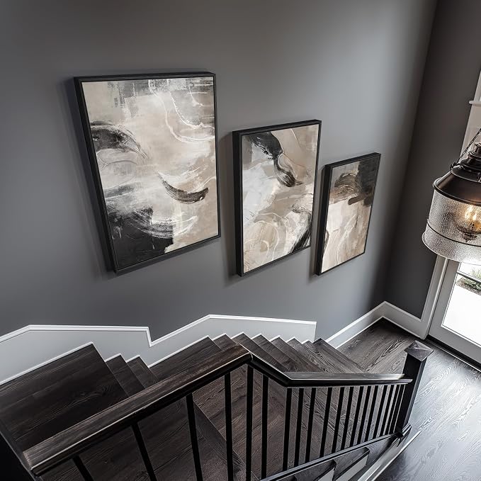 Large Framed Neutral Abstract Wall Art for Living Room, 3 Piece Modern Canvas Prints Paintings Artwork for Walls, Black Beige Brown Neutral Tone Pictures for Hallway Bedroom Office Wall Decor 24x36 In
