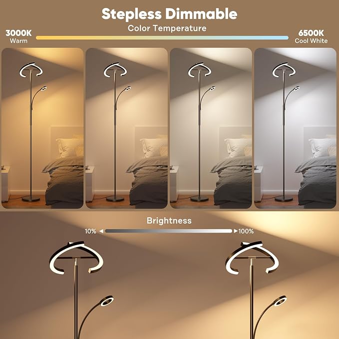 SIBRILLE Upgraded 36W RGBCW Floor Lamp with Ring Reading Lamp, Rotatable Remote Control LED Standing Lamp Dimmable Floor Light Modern Standing Light for Living Room Bedroom Home Office, Black