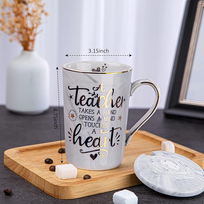 Best Teacher Appreciation Gift for Women Men - A Teacher Takes A Hand Opens A Mind Touches A Heart - Funny Valentines Graduation Retirement Gifts, 14Oz Grey Coffee Mug with Gold Print, Nice Gift Boxed