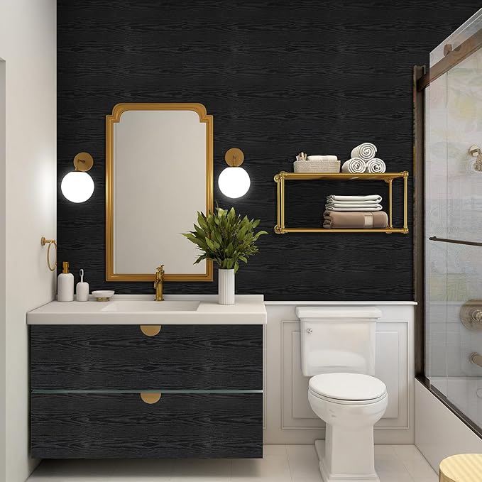Peel and Stick Wallpaper Black Wood Wall Paper - 17.5 x 500 Inch Self Adhesive Wallpaper Peel and Stick, Easy to Paste Wall Contact Paper for Stand Liner, Table and Door Makeover Decor
