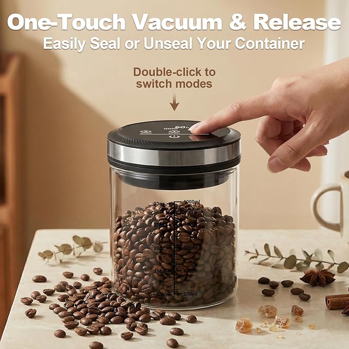 Vacuum Coffee Canister, One-touch Operation with Display, Standby Time Over 4500H, Vacuum Coffee Canister Suitable for Grain/Sugar/Tea Leaves/Flour, 1.2L Capacity with Large Feed Opening