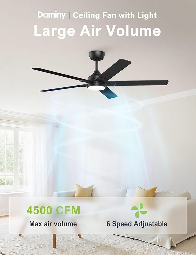 DAMINY 52 inch Black Ceiling Fans with Lights,5 Blades,6CCT, Low Profile,Remote Control,for Bedroom, Kitchen,Living Room,Indoor/Outdoor Use,Downrod