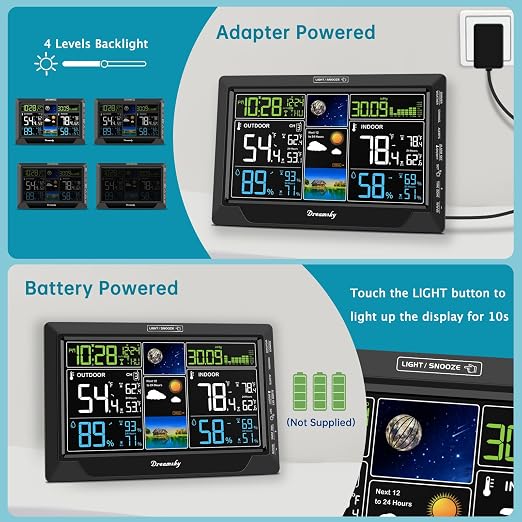 DreamSky Weather Station Indoor Outdoor Thermometer Wireless, Atomic Clock | Digital Large Colorful Display with Brightness Dimmer, Inside Outside Temperature Humidity Monitor for Home (Plug-in)