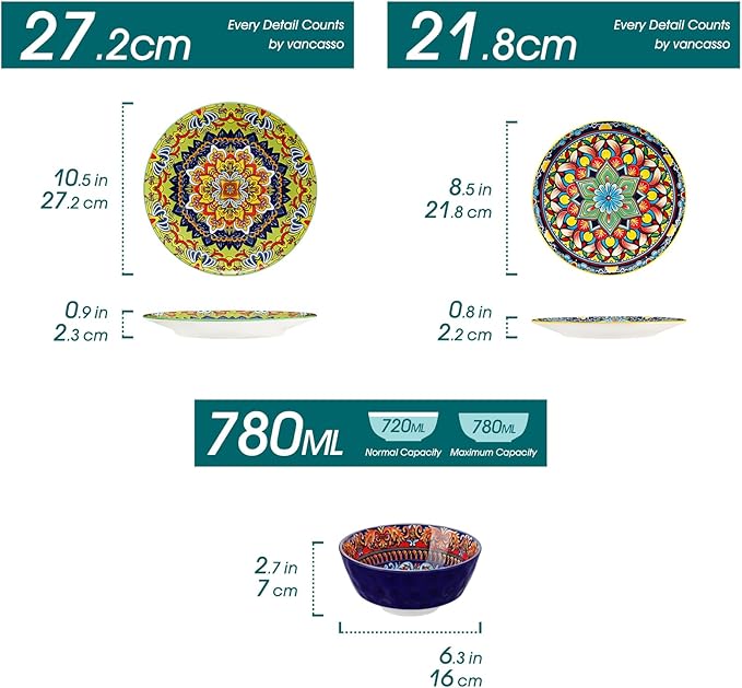 vancasso 18 Pieces Plates and Bowls Set, Bohemian Style Dinnerware Sets Service for 6, Porcelain Boho Dishes Set for Kitchen, Housewaring Gift, Dishwasher and Microwave Safe, Series KRVI