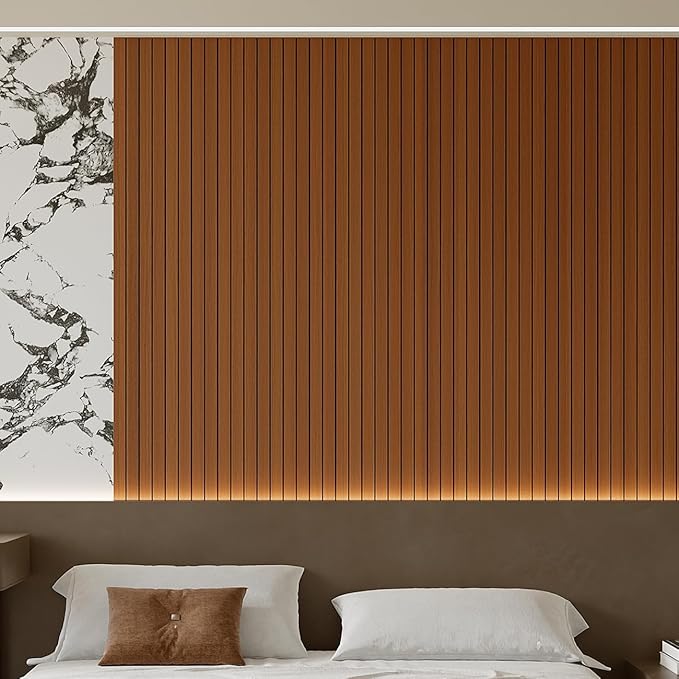 Yutianli PVC Slat Wall Panel Peel and Stick 236"x 15.7" Faux Wood Slat Panel Artificial Walnut Wood Grain Self-Adhesive Soundproof 3D Wall Panel for Walls and Ceilings