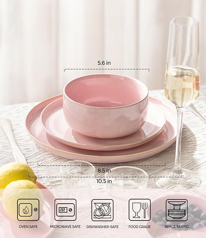 TheTerra Ceramic Dinnerware Sets for 4, 12 Pieces Handmade Reactive Glaze Plates and Bowls Set, Scratch Resistant Dish Set, Oven & Microwave & Dishwasher Safe, Sakura Pink