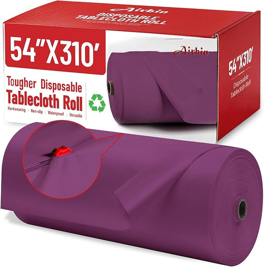 Plastic Table Cloth, 310 Ft X 54 in Plastic Table Cloth Disposable Purple Tablecloth with Any Cut Sliding Cutters Premium PEVA Disposable Tablecloth for Picnics, Parties, Birthdays, Festivals