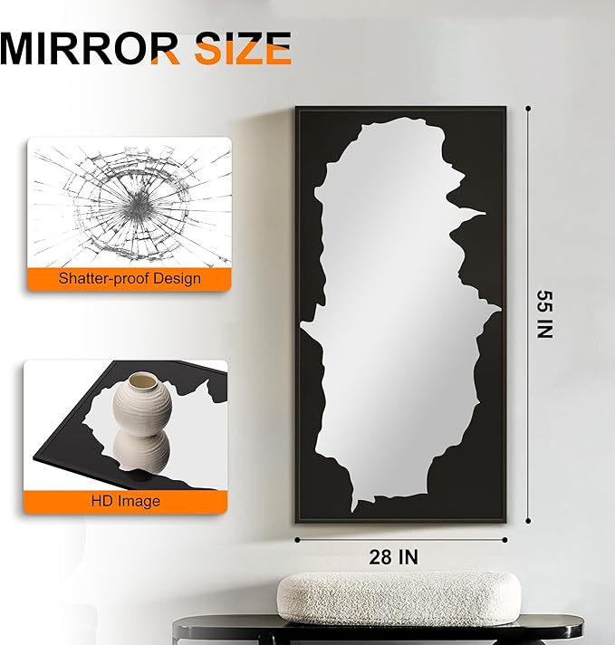 Full-Length Mirror Free Standing Leaning Mirror with Artistic Black Abstract Overlay Deco, 55"x28" Shatterproof Wall-Mounted Mirror, Perfect for Living Room, Bedroom, Cloakroom, and Bathroom Decor