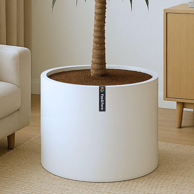 Fox & Fern Large Indoor Planter, Modern Large Plant Pot for Indoor or Outdoor, UV and Frost Resistant - 18.7 Inch, Matte White Flower Pot with Drainage Plug, Lightweight