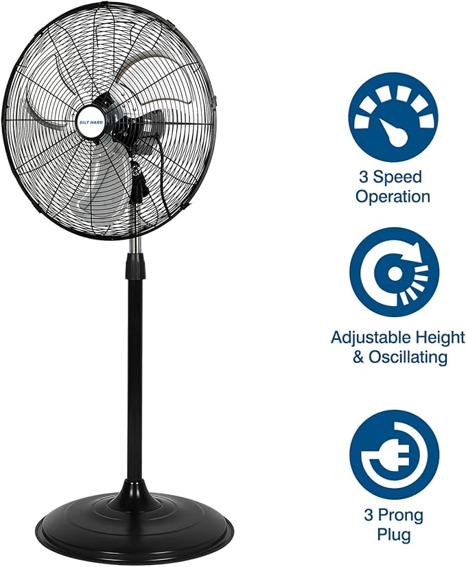BILT HARD 5200 CFM 20" High-Velocity Industrial Pedestal Fan, 3-Speed Oscillating Stand Fan, Heavy Duty Metal Fan for Commercial, Warehouse, Garage Use