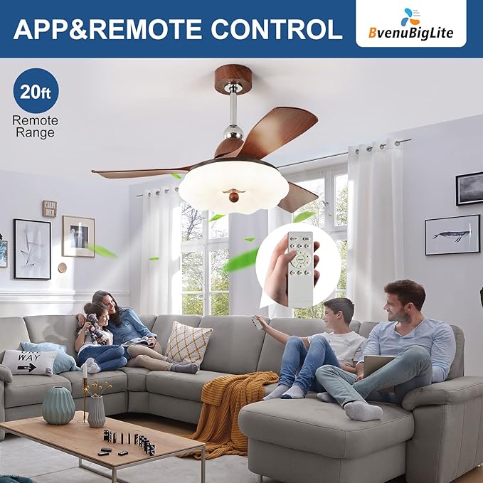 Ceiling Fans with Lights and Remote: 42-Inch Ceiling Fan 3 Blades Cloud Low Profile Outdoor - Walnut Ceiling Fans with Remote Control Quiet Reversible DC Motor for Living Room