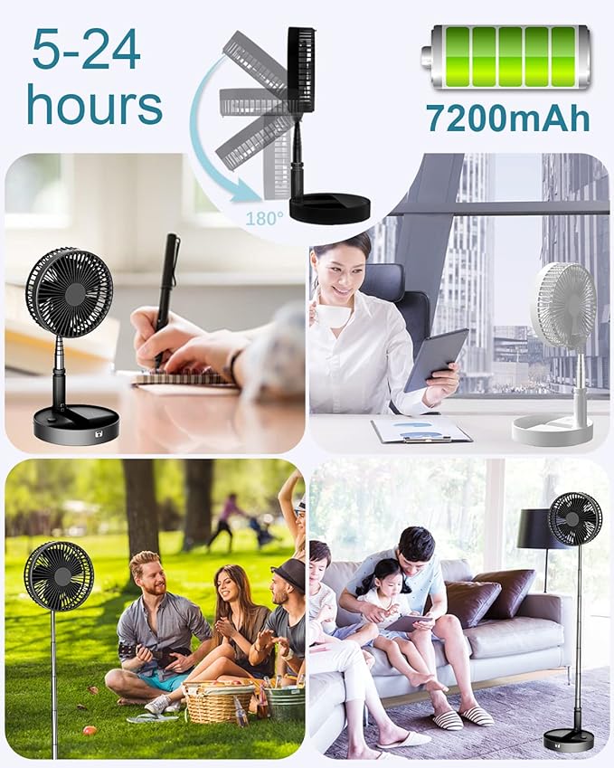 UN UNITEDTIME Portable Fan Foldable Rechargeable [Remote Control ] Battery Operated Foldaway Standing Pedestal Collapsible Fan, 4 Speed, Timer for Camping Travel, Bedroom (Black)