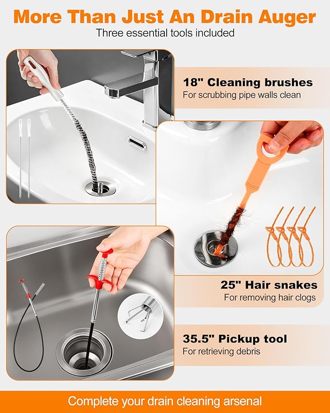 Drain Auger 25 ft, Auto Feed Plumbing Snake Hair Clog Remover with Drill Adapter, Heavy Duty Drain Cleaner Tool Kit with Gloves & Brush for Kitchen Sink Shower Bathtub Bathroom Toilet Clog Removal