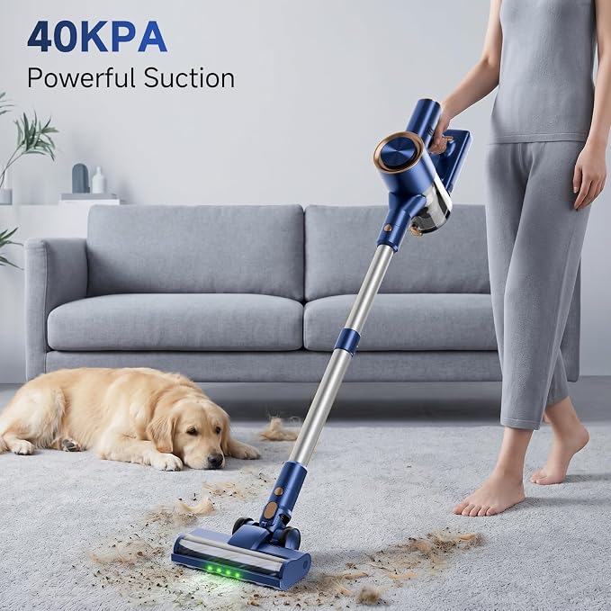 Cordless Stick Vacuum Cleaner - Rechargeable,40Kpa Powerful Suction Vacuum for Home,45Mins Runtime,Detachable Battery,Anti-Tangle, 8 in 1 Lightweight Vacuum for Pet Hair Carpet Hardwood, Blue
