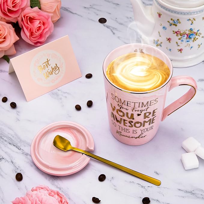 Birthday Thank You Gifts for Women, Sometimes You Forget You're Awesome Coffee Mug, Inspirational Christmas Gift for Her, Boss Lady Employee Coworker, 14oz Pink Marble Gold Print Cup, Nice Gift Boxed
