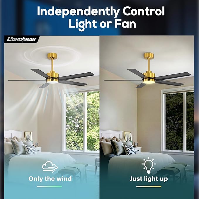 Conciseer 52 Inch Ceiling Fans with Lights and Remote for Bedroom Living Room Kitchen Office, Indoor/Outdoor Use, 6CCT Dimmable, 5 Blades 6 Speed Reversible Quiet DC Motor, Gold/Black