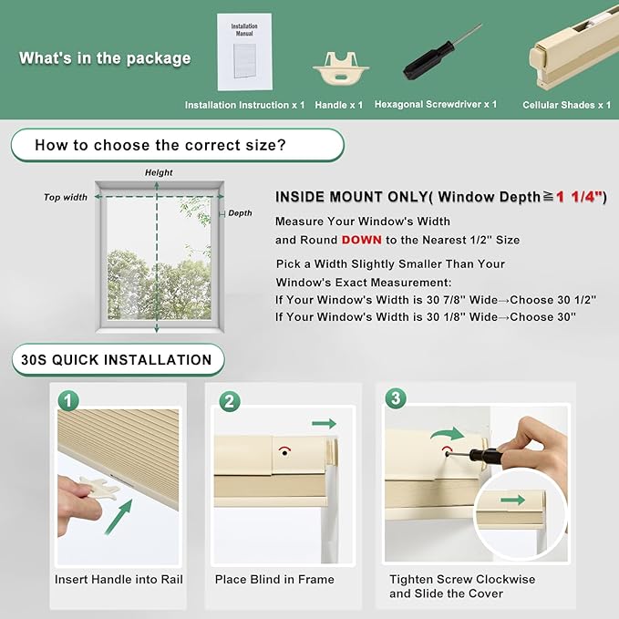 Tonature No Drill Cellular Shades for Indoor Windows, Thermal Insulating & Noise Reducing Honeycomb Blinds, Free Stop Cordless Light Filtering Shades, Beige,39 1/2" W x 64" H