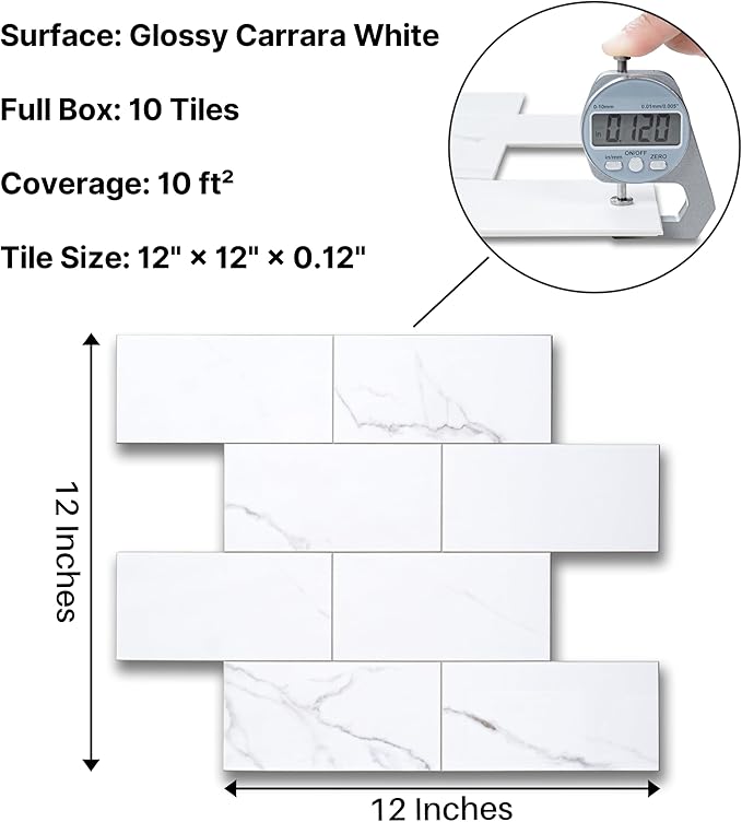 Colamo Luxury 10-Sheet Peel and Stick Backsplash,Self Adhesive Faux Stone 12”x12” White Subway Tile for Kitchen,Glossy Waterproof Carrara Brick Marble Look,Stick on Accent Wall for Bathroom,Bedroom