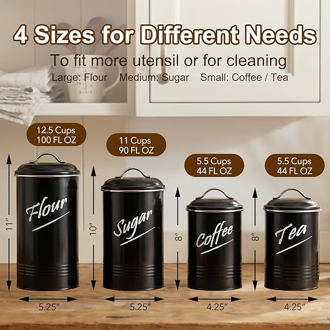 Hillbond Kitchen Canister Set of 4, Airtight Stainless Steel Food Storage Containers with Lids, Flour Sugar Coffee Tea Canisters for Countertop, Metal Kitchen Storage Jars, Black