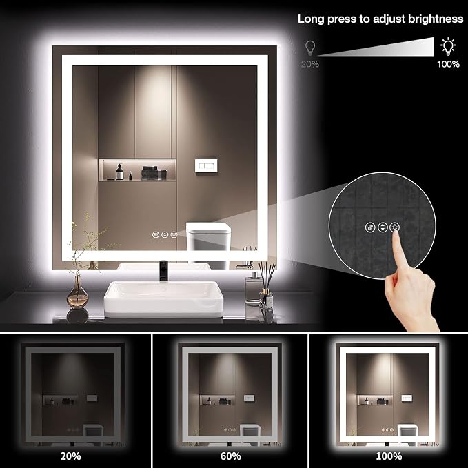 LOAAO 36"X36" LED Bathroom Mirror with Lights, Anti-Fog, Dimmable, Backlit + Front Lit, Lighted Bathroom Vanity Mirror for Wall, Memory Function, Tempered Glass, ETL Listed