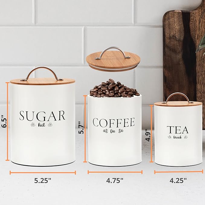 D'Lifeful Tea Coffee Sugar Canister Set - 3pc Airtight Canister Sets for Kitchen Counter - Farmhouse Containers for the Kitchen - Decorative Countertop storage with Airtight Lid for Freshness - White
