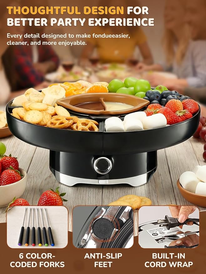 Electric Chocolate Fondue Set, 4-Cup Chocolate, Rotating Tray | Melt & Warm Modes, Dual Silicone Inserts, 6 Color-Coded Forks, Easy-Clean, Ideal for Candy Melts, Movie Night, Game Night