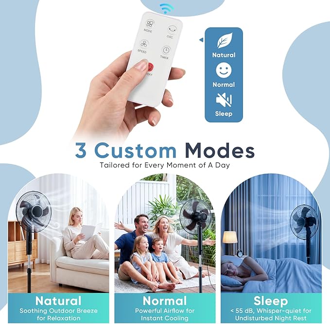 NEWBULIG 17" Pedestal Fan with Remote, 15H Auto Timer, Quiet Standing Fan for Bedroom, Living Room & Office, 3 Speeds, 3 Modes, Adjustable Height & 80° Oscillation