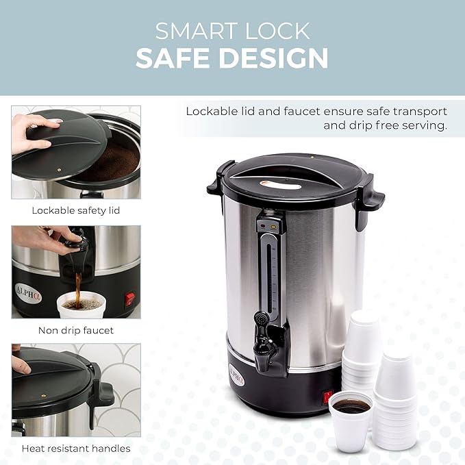 ALPHA LIVING 100 Cups Electric Coffee Urn – Stainless Steel Large Capacity Electric Kettle Percolator Coffee Pot – Ideal Hot Beverage Dispenser for Catering, Hotels, Restaurants –Leak-Proof Tap