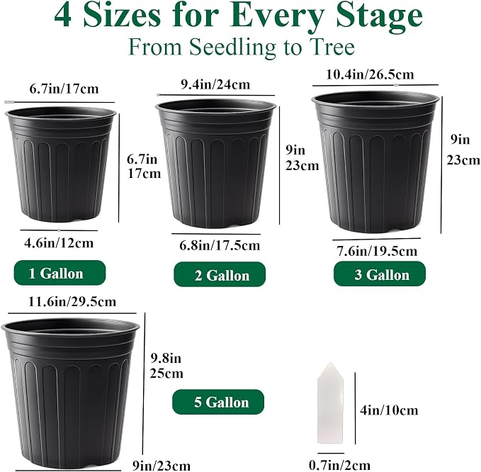 50 Pack 5 Gallon Flexible Plant Nursery Pots Plastic Seedling Starting Pots with Drainage Holes Soft Flower Pots Plant Container with Plant Labels, Black