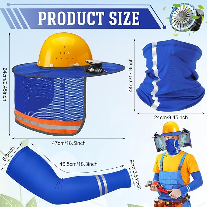 1 Set Sun Hard Hat Shade Full Brim Hard Hat Sun Visor with 2 Solar Fans and Neck Sunshade Cover UV Reflective Strap Arm Sleeves for Construction Workers Outdoor Protection(Blue)