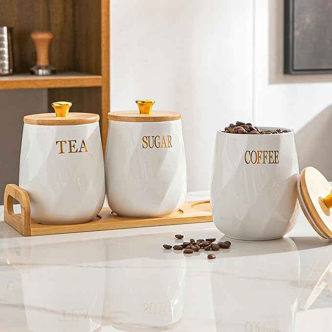 Ceramic Canister Set of 3 for Sugar Coffee Tea with Tray, White Airtight Food Storage Jars with Wood Lids, Kitchen Counter Storage Containers - 23oz