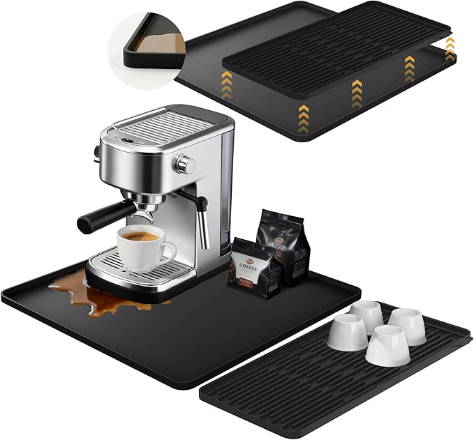 16×16-inch Silicone Coffee Mat for Espresso Machine - Heat Resistant, Waterproof Countertop Protector Pad with Raised Edges, Easy Clean Dish Drying Mat for Kitchen, Pet Food Mat (Black)