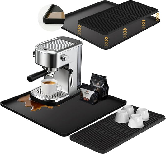 16×16-inch Silicone Coffee Mat for Espresso Machine - Heat Resistant, Waterproof Countertop Protector Pad with Raised Edges, Easy Clean Dish Drying Mat for Kitchen, Pet Food Mat (Black)