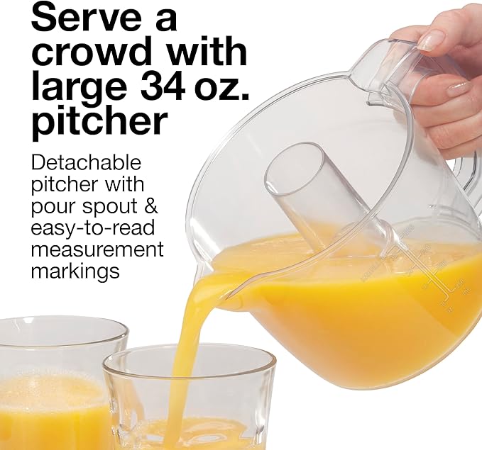 Proctor Silex Electric Citrus Juicer Machine, Large 34 oz. Pitcher, Pressure Activated, 2 Reamers for Big and Small Fruit, Pulp Control, for Orange, Lemon, Grapefruit Juice, White & Green (66340)
