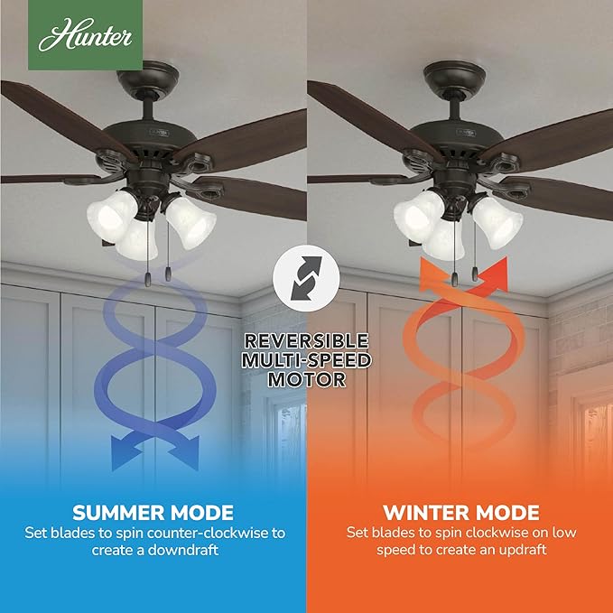 Hunter 52 inch Indoor Ceiling Fan with LED Lights - Bronze Ceiling Fan with Pull Chain, For Bedroom or Living Room, Standard Mount, No Remote, 5 Blades, Includes Bulbs - Builder Plus 53238, New Bronze